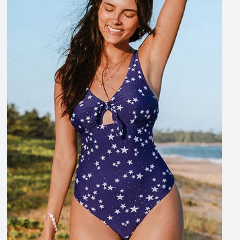 CUPSHE ONE PIECE 1 PC SWIMSUIT NAVY WHITE STAR PRINT TIE FRONT WOMENS.